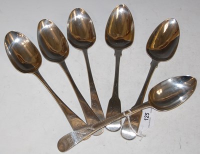 Lot 125 - Six assorted Georgian silver tablespoons of...