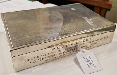 Lot 118 - A white metal cigarette box, the engine turned...