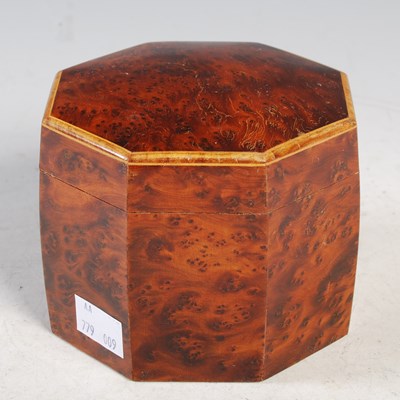 Lot 12 - A burr wood octagonal shaped tea caddy, 9.5 cm...