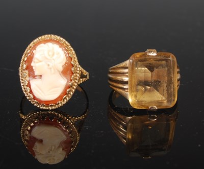 Lot 75 - A 9ct gold mounted cameo set ring, size 'R',...