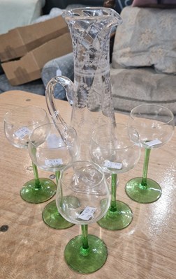 Lot 559 - Four clear and green glass hock glasses,...