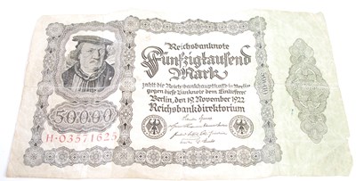 Lot 240 - A fifty-thousand Reichs Banknote Berlin...