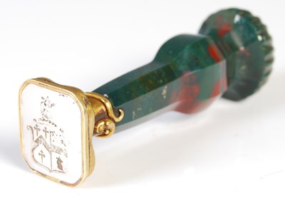 Lot 275 - A gilt metal mounted agate seal stamp, the...