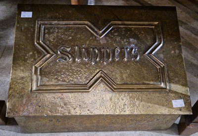 Lot 797 - An Antique brass embossed brass slipper box,...