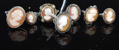 Lot 122N - Seven assorted cameo set rings.