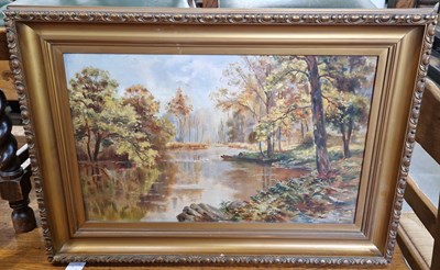 Lot 837 - A gilt framed oil on canvas of a river...