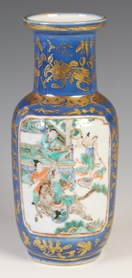 Lot 510 - A Chinese porcelain blue ground Rouleau vase,...