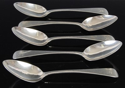 Lot 318 - A set of five George IV silver dessert spoons,...