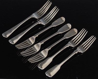 Lot 345 - A composite set of seven silver dessert forks,...