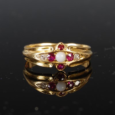 Lot 391 - An 18ct gold white opal, ruby and diamond ring,...