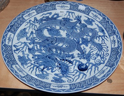 Lot 443 - A decorative Chinese blue and white charger...