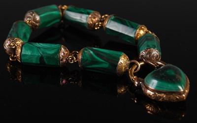 Lot 38 - A yellow metal mounted malachite bracelet with...