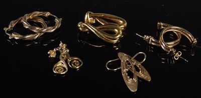 Lot 188 - Five pairs of assorted 9ct gold earrings,...