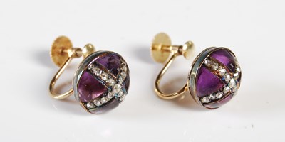 Lot 194 - A pair of yellow metal amethyst and diamond...