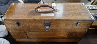 Lot 458 - Vintage oak tool chest, the cover with back...