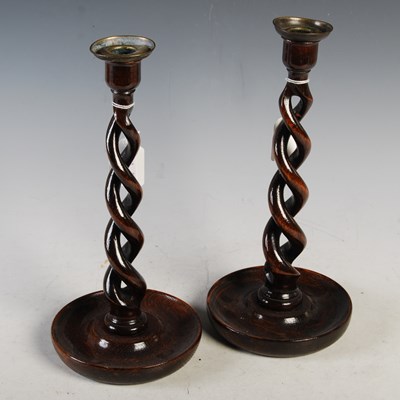 Lot 378 - A pair of stained oak spiral carved...