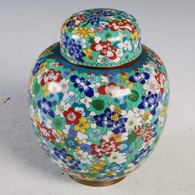 Lot 389 - A Chinese green ground cloisonne jar and cover,...