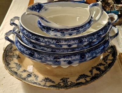 Lot 430 - Three blue printed oval two-handled tureens, a...