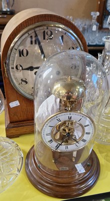 Lot 436 - Oak cased mantel clock with silvered Arabic...