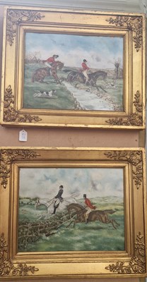 Lot 666 - A pair of hunting scenes, oils on copper...