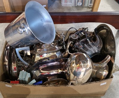 Lot 574 - A box of assorted EP ware to include teapots,...