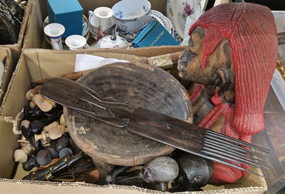 Lot 587 - A box of assorted wooden ware to include bust,...