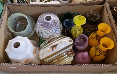 Lot 601 - Two boxes of assorted coloured glassware to...