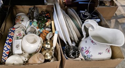 Lot 615 - Two boxes of assorted ceramics, metalware,...