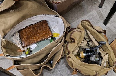 Lot 625 - Two canvas fishing bags containing assorted...