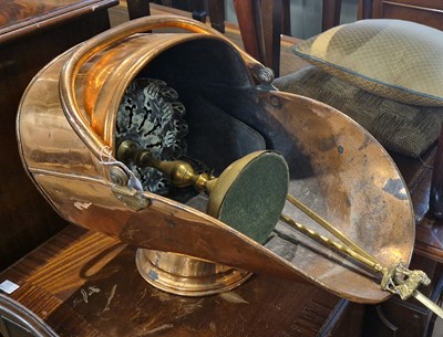 Lot 747 - A copper fuel bin, brass trivet, brass shovel,...