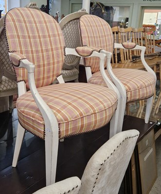 Lot 789 - A pair of white painted fauteuil armchairs...