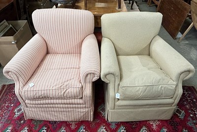 Lot 719 - Two upholstered armchairs and a square...