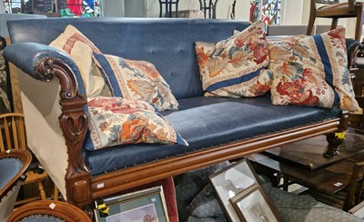 Lot 877 - A Victorian mahogany sofa, with blue...