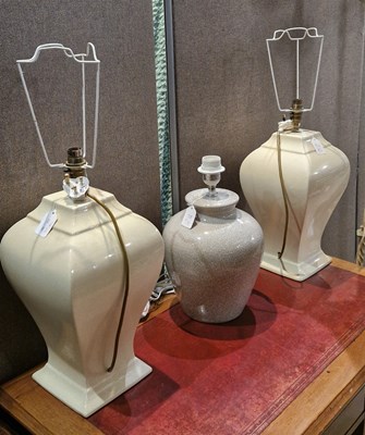 Lot 912 - A pair of crackle glazed ceramic table lamps...