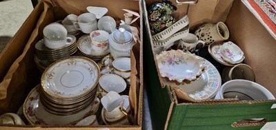 Lot 553B - Two boxes of assorted ceramics to include gilt...