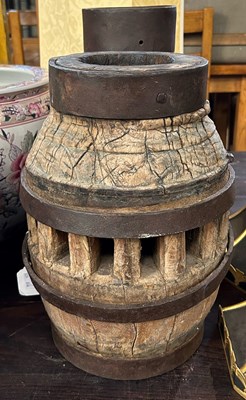 Lot 389 - Two vintage wagon wheel hubs, 42cm high and...