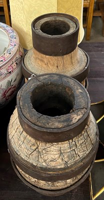 Lot 389 - Two vintage wagon wheel hubs, 42cm high and...