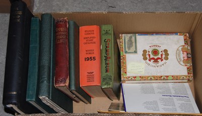 Lot 491 - Box - assorted stamp albums; reference books;...