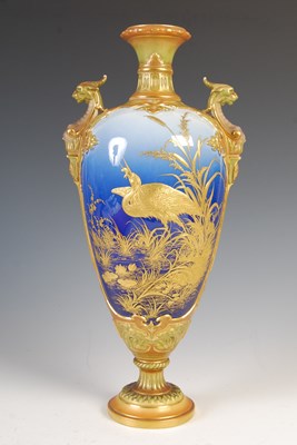 Lot 195 - A Royal Worcester blue ground urn, richly...