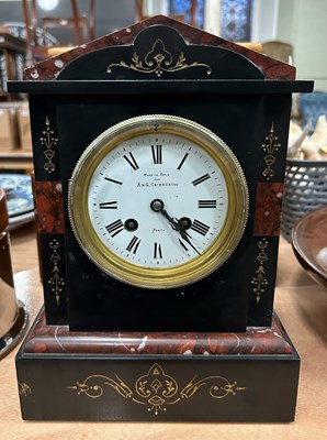 Lot 443 - A Victorian polished slate mantle clock with...