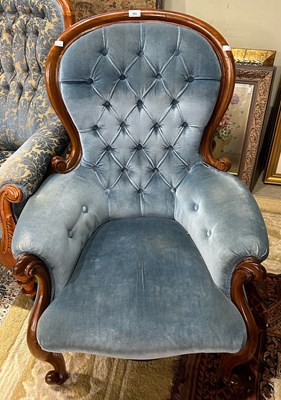 Lot 763 - A Victorian mahogany armchair with blue button...