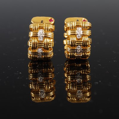 Lot 714 - A pair of 18ct gold and diamond basket-weave...