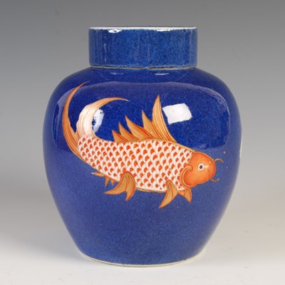 Lot 830 - A Chinese porcelain powder blue ground jar and...