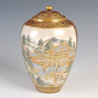 Lot 850 - A Japanese Satsuma pottery blue ground vase...