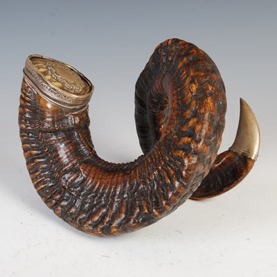 Lot 203 - A 19th century white metal mounted ram's horn...