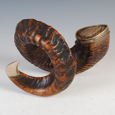 Lot 203 - A 19th century white metal mounted ram's horn...