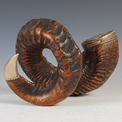 Lot 203 - A 19th century white metal mounted ram's horn...