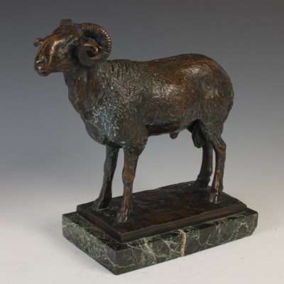 Lot 222 - A 20th century bronze model of a ram, mounted...