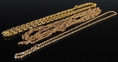 Lot 748 - Three assorted yellow metal necklaces, to...