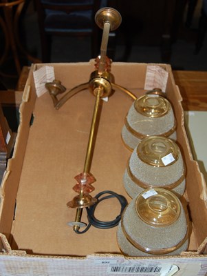 Lot 692 - A mid-century brass and pink glass three light...